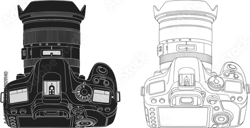 DSLR camera top view illustration, professional photography equipment black and white vector detailed line art design
