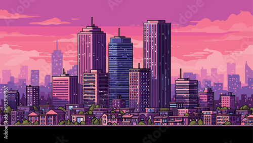 urban city skyline with modern skyscrapers and residential buildings at sunset in hand drawn style