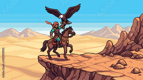 warrior riding horse holding eagle on arm in pixel art style desert landscape scene