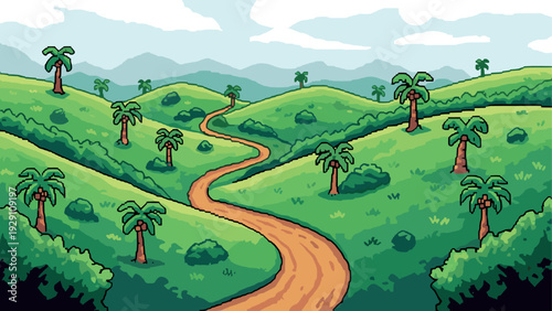 curved dirt road passing through green hills with palm trees hand drawn landscape illustration