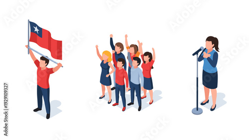 isometric people protesting with chile flag group demonstrating and woman speaking into microphone in flat vector style