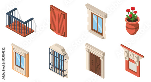 isometric set of vintage window frames doors balcony railing and flower pot hand drawn illustration
