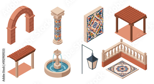 isometric spanish mediterranean architectural elements set with tiled columns arches fountains and pergolas in colorful hand drawn style