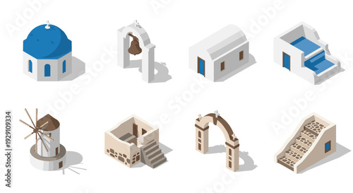 set of isometric Greek island architecture buildings and elements hand drawn style illustration
