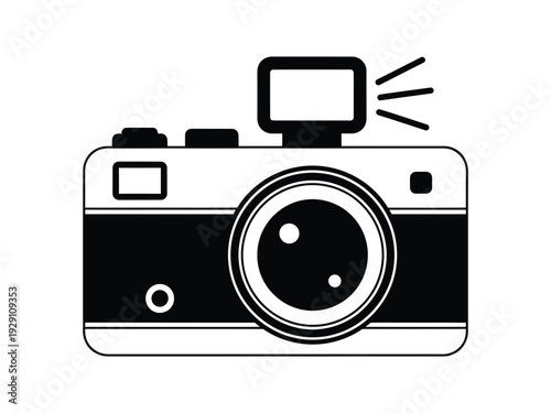 Retro style camera icon with pop-up flash activated, symbolizing photography and capturing moments