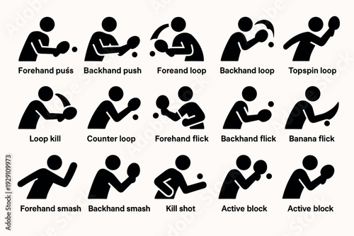 collection of hand drawn table tennis icons showing different strokes and techniques