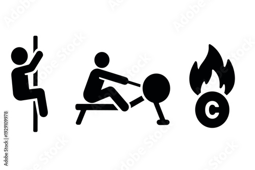 black and white hand drawn icons of climbing rower and copyright symbol on fire
