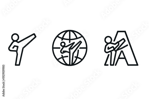 set of three hand drawn martial arts icons with kicking pose globe and letter a outline style