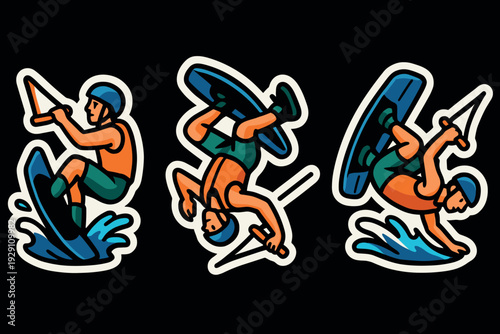 set of three hand drawn wakeboarders performing tricks in colorful cartoon style