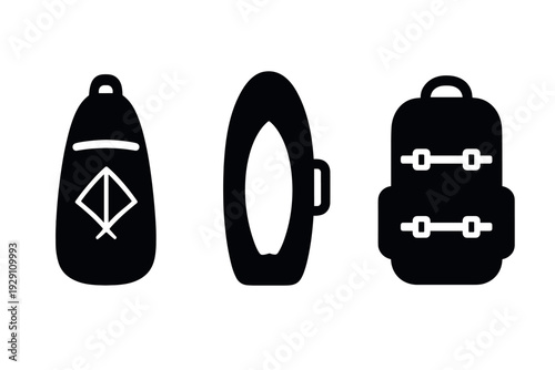 black silhouette collection of three bags with minimalist design including kite bag surf kayak and travel backpack