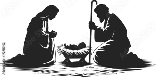 Christmas nativity silhouette vector illustration, Mary and Joseph praying over baby Jesus in manger isolated on white background for religious holiday design