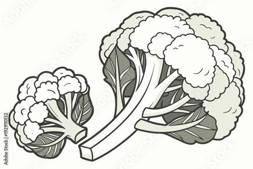 A vector graphic illustration of two cauliflower heads with leaves and stems in a simple line art style