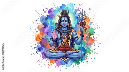 Vibrant lord shiva wallpaper: blue-skinned deity meditating with trident on colorful splashes.