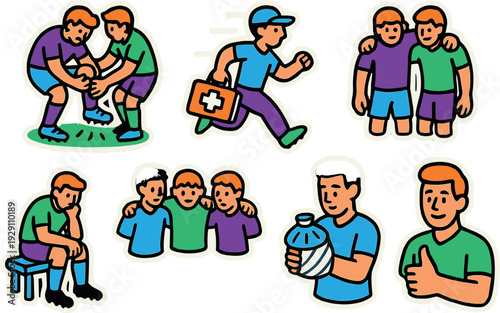 set of hand drawn football injury and recovery icons including injured player first aid runner and supportive teammates