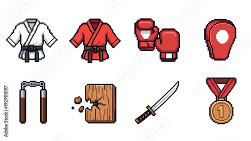 pixel art martial arts gear collection including white and red gis gloves focus mitts nunchaku breaking board sword and gold medal