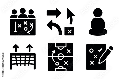 set of black soccer strategy icons with players tactics and goal net in simple vector style