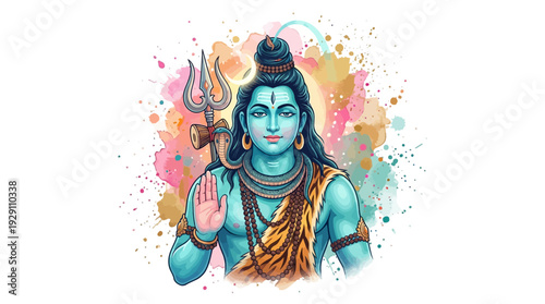 Lord shiva digital illustration blessing with trishul, vibrant watercolor background, ideal spiritual wallpaper.