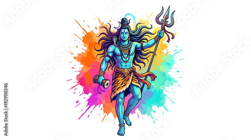 Dynamic digital illustration of lord shiva with trident and drum, against vibrant paint splatters, ideal for a colorful spiritual wallpaper.
