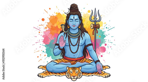 Colorful lord shiva wallpaper: a serene digital illustration of him meditating on tiger skin.
