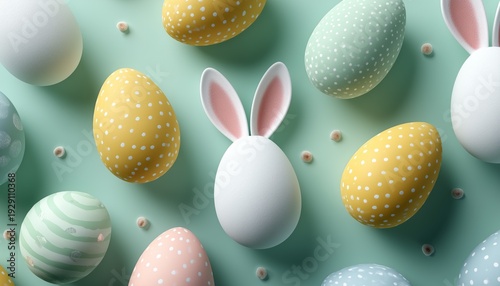 Minimal Easter pattern with pastel eggs and bunny ears on green background