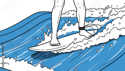 feet riding a surfboard on blue ocean waves hand drawn illustration