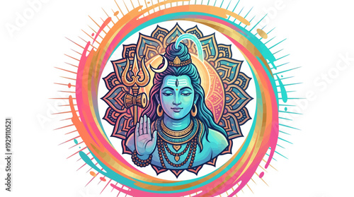Vibrant stylized lord shiva, blessing with trident and crescent moon, ideal spiritual wallpaper art.