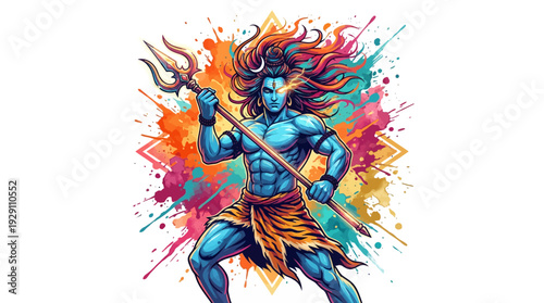 Vibrant lord shiva wallpaper illustration with glowing third eye, trident, and colorful paint splatters.