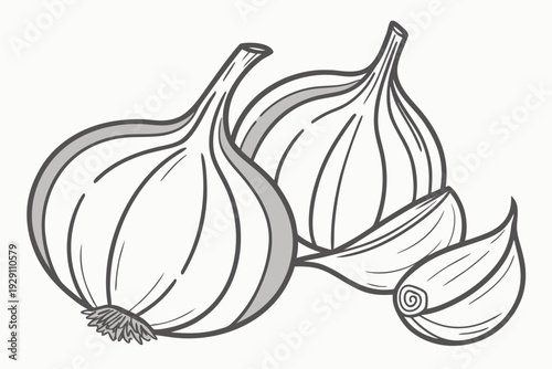 A minimalist vector illustration of three garlic bulbs in a simple line art style