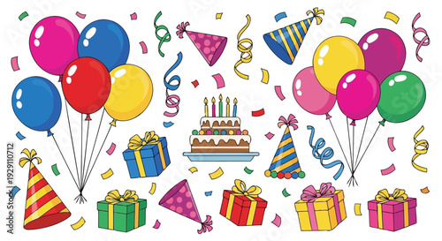 Festive birthday celebration graphics with balloons and presents