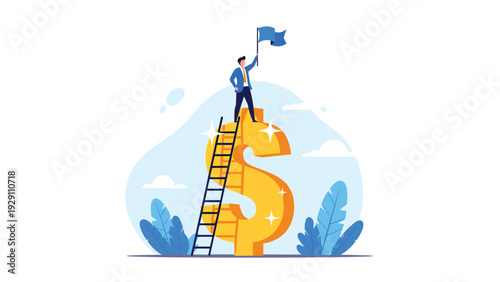 Victorious businessman stands on top of giant gold dollar sign with a ladder and blue flag, symbolizing the pinnacle of financial success.