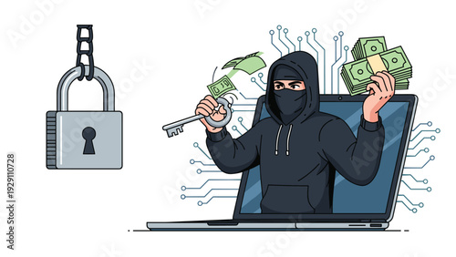 Masked hacker in black hoodie emerges from laptop screen with cash and a key, representing cybercrime, data theft, and online financial fraud.