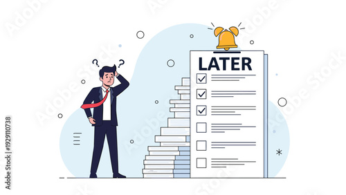 Stressed businessman looking at an overwhelming to-do list with a ringing alarm bell, representing procrastination and deadlines.