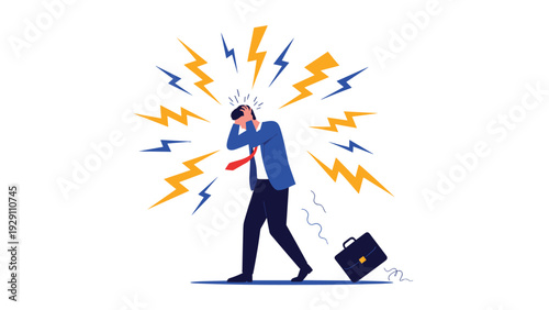 Overwhelmed businessman in suit covers his ears as bright yellow lightning bolts strike around him, symbolizing acute stress and anxiety at work.