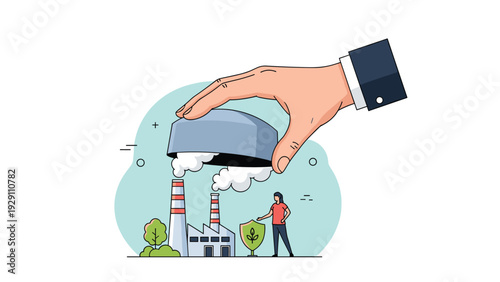 Massive hand covering a polluting factory with a protective dome while an environmental activist stands by for ecological preservation.