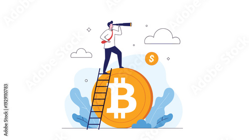 Confident businessman standing on a large bitcoin coin and using a telescope to scout for future investment opportunities.