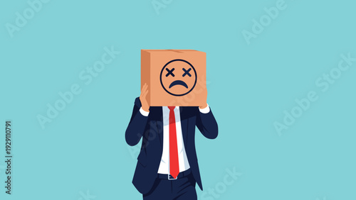 Depressed businessman wearing a cardboard box over his head with a sad face, symbolizing workplace stress or identity loss.