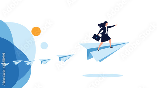 Ambitious businesswoman flying on a large paper plane and pointing ahead to lead a fleet towards future innovation and goals.