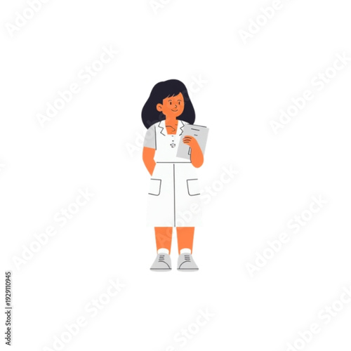 Confident female professional in a white uniform holding a clipboard, symbolizing expertise and readiness in healthcare, science, or administrative roles
