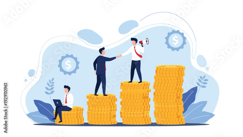 Businessmen standing on piles of gold coins of varying heights to represent wealth levels, income inequality, and financial success.