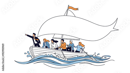 United team of diverse business professionals rowing a boat together with a leader pointing the way towards a shared destination.