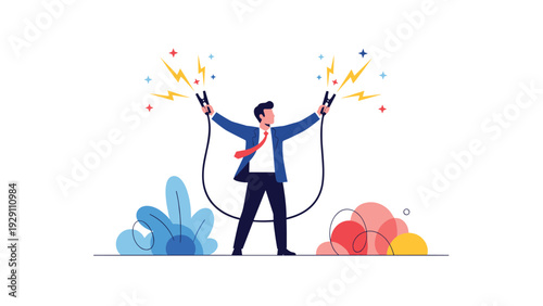 Determined businessman holding battery jumper cables that are sparking to symbolize energy, motivation, and restarting a project.
