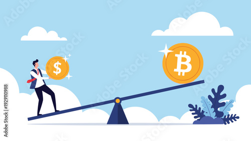 Businessman holding a dollar coin on a seesaw while a large bitcoin rests on the other side, showing the balance of currency.