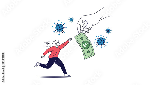 Woman running to catch a floating dollar bill held by a giant hand amidst floating virus particles during an economic crisis.