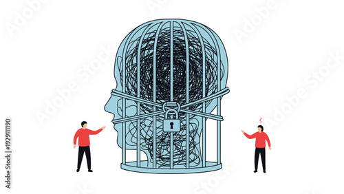 Two people standing next to a massive head-shaped cage filled with tangled wires and locked with a padlock, signifying mental stress.