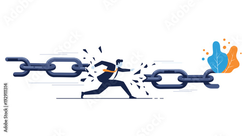 Determined businessman breaking free from heavy iron chains while running towards colorful leaves representing freedom and new opportunities.
