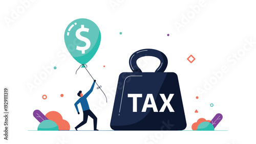 Small businessman struggling to stay afloat with a single dollar sign balloon while standing next to a massive heavy weight labeled tax.