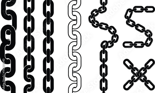 Metal chain links set, heavy industrial iron chains collection, black silhouette and outline illustration isolated on white background