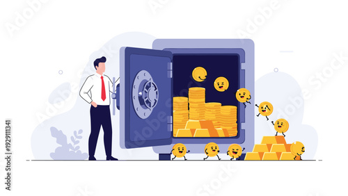 Proud businessman standing next to an open vault as happy gold coins walk out and join a pile of gold bars, symbolizing wealth generation.