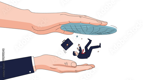 Large hands catching a businessman who is falling through a street sewer grate while holding a briefcase, symbolizing a financial safety net.