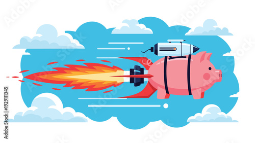 Pink piggy bank transformed into a powerful rocket flying through a blue sky with clouds, representing rapid financial growth and savings boost.